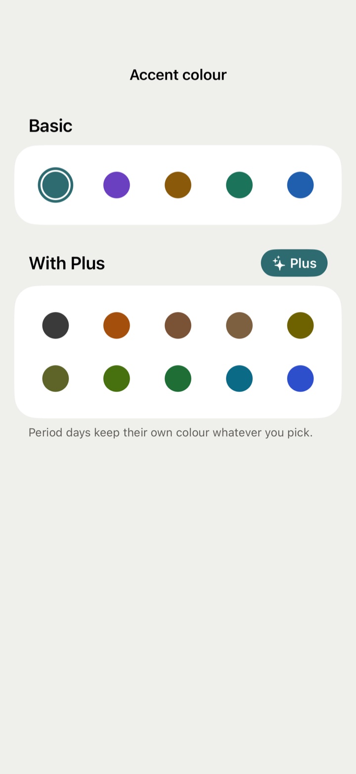 The accent colour picker: five colours, then a With Plus group holding the other ten.
