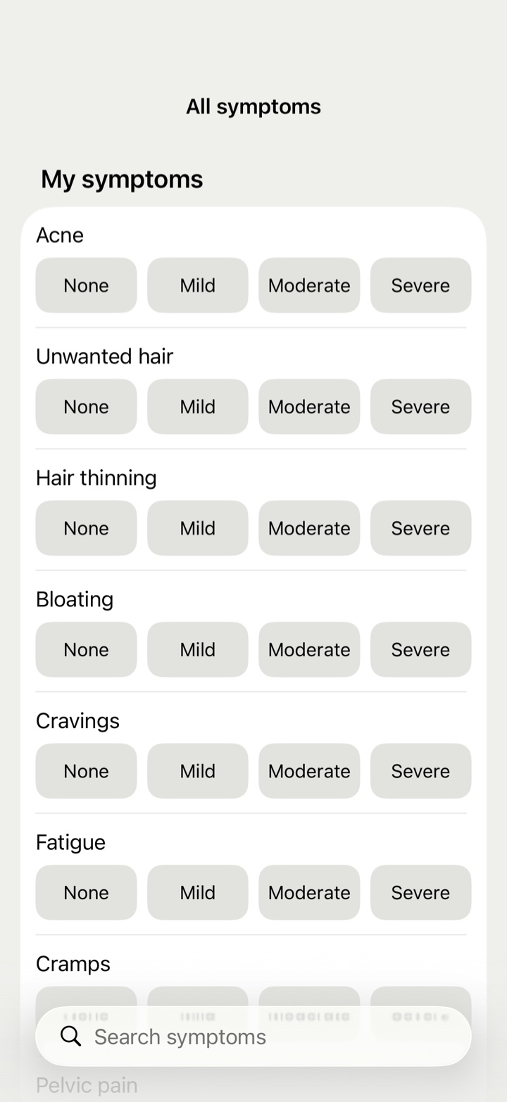 All symptoms: your own list first, with its ratings; below it the rest of the catalogue, grouped, each with a plus. Search is at the foot.