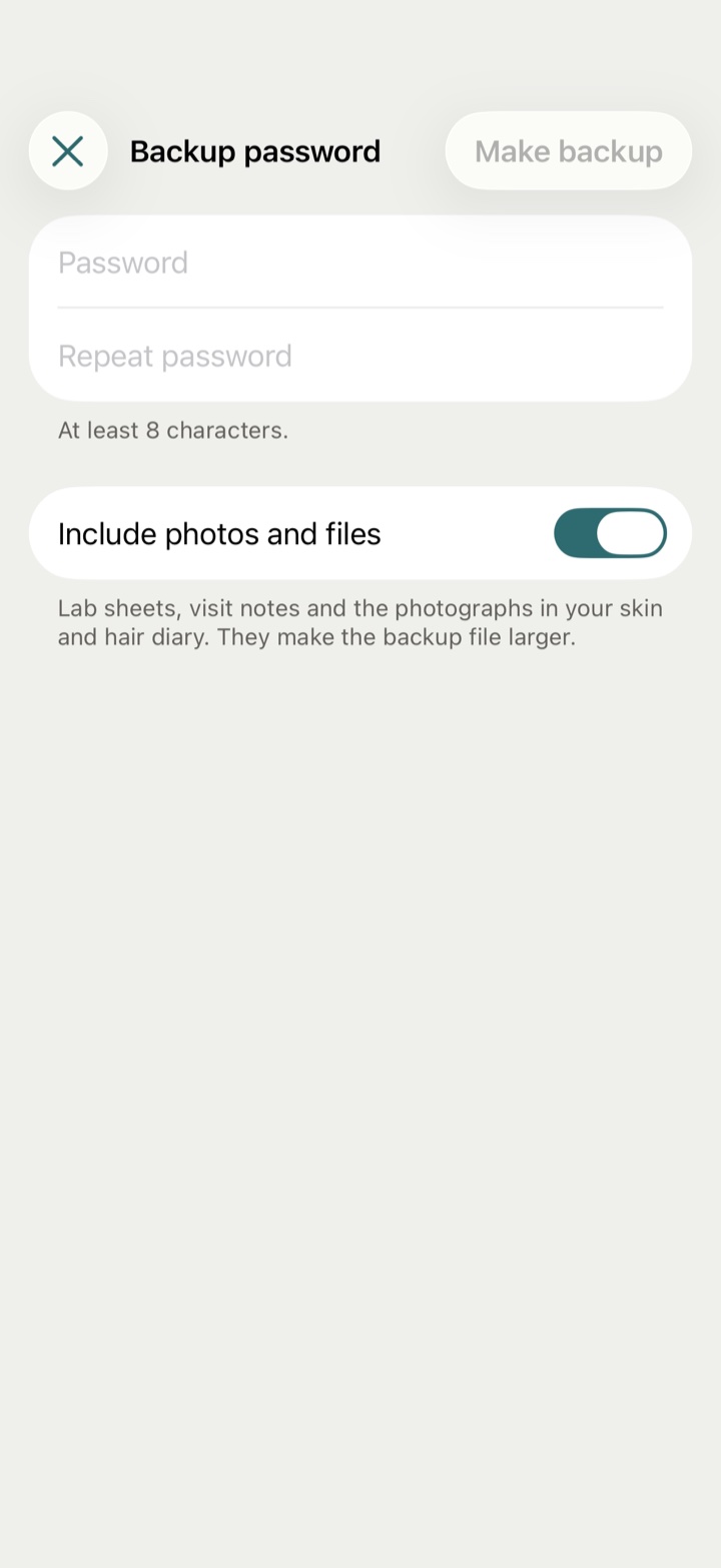 The backup password sheet: the password twice, and Include photos and files.