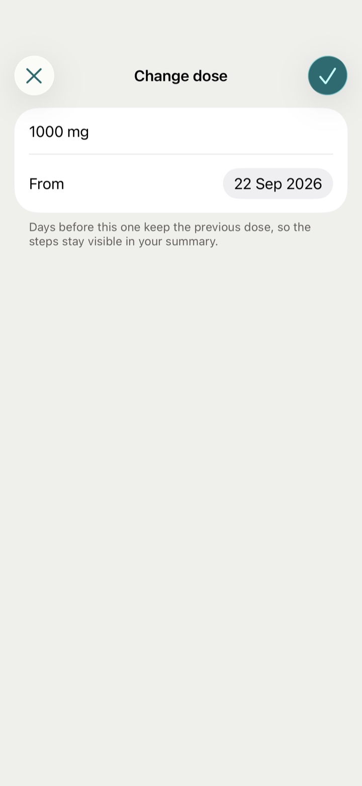 Change dose: the new dose in your own words, and the day it started.