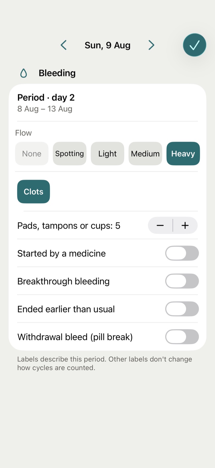 The Bleeding section of the day sheet: how much, clots, how many pads, tampons or cups, and the labels at its foot.