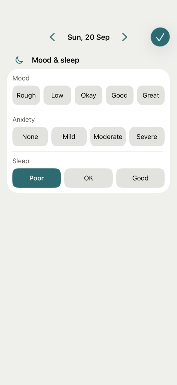 The Mood and sleep section of the day sheet: five words for mood, then anxiety, then three words for sleep.
