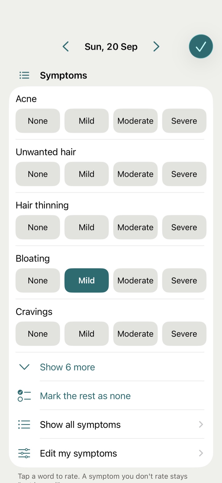The symptoms section of the day sheet: a row per symptom with four ratings.