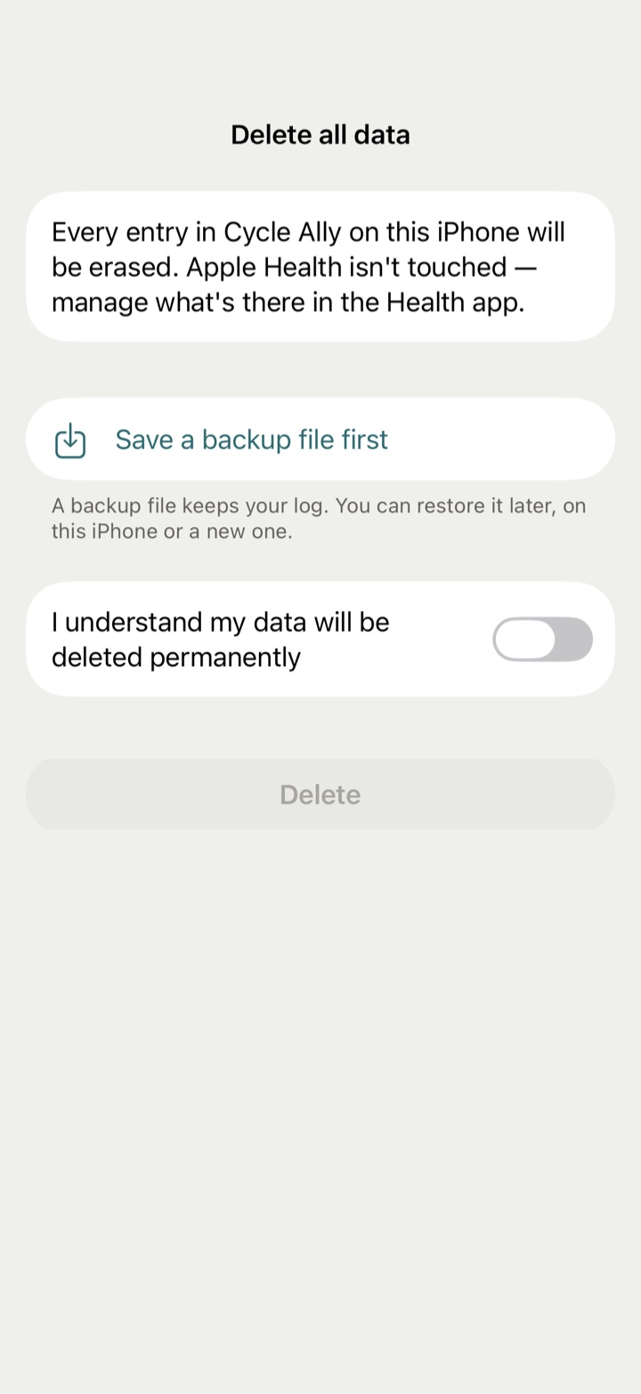 The delete screen: an offer to back up first, a switch to confirm, and only then the red button.