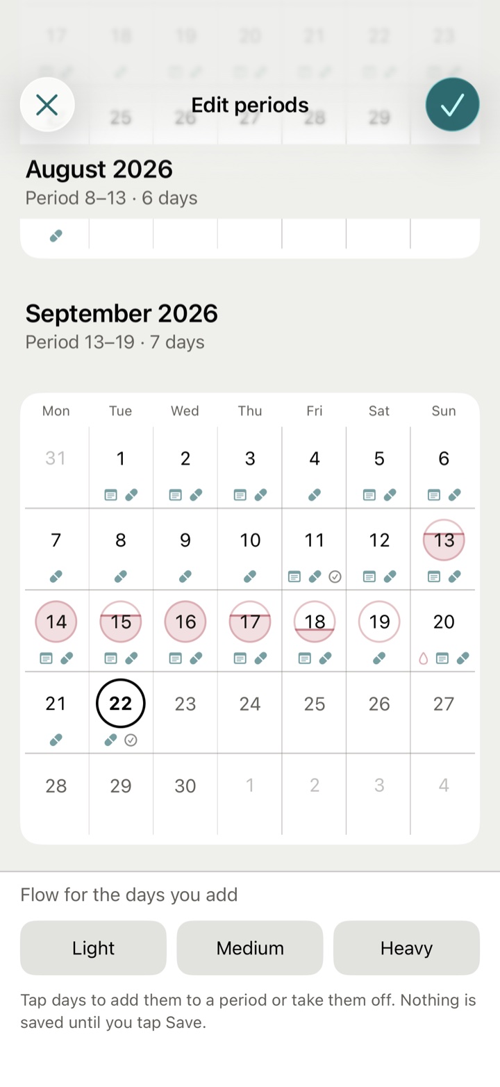 Edit periods: tap days to add or remove them, pick the flow at the foot, and nothing is written until you tap Save in the toolbar.