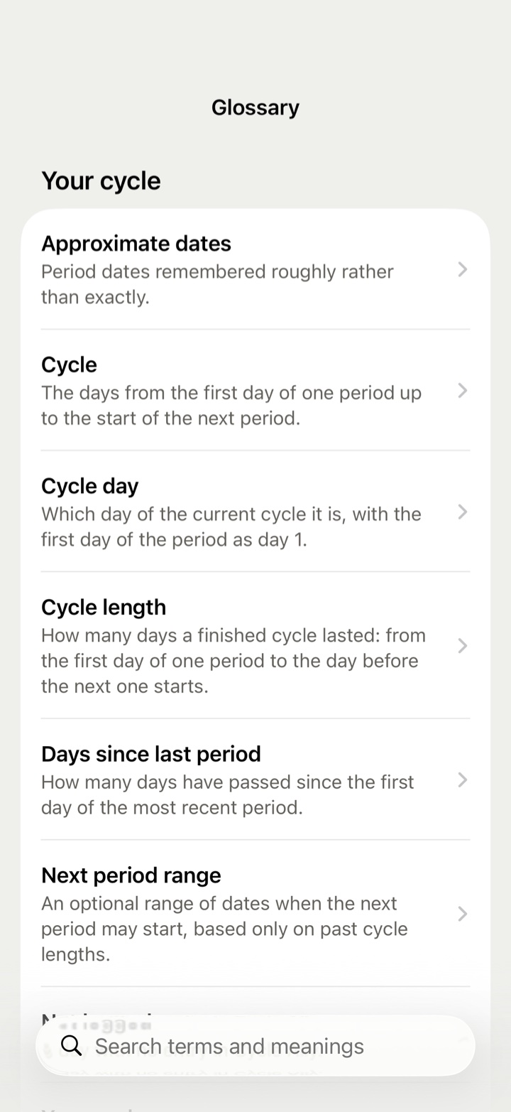 The glossary in the app: a term and a plain definition on each row; the source is on the term itself.