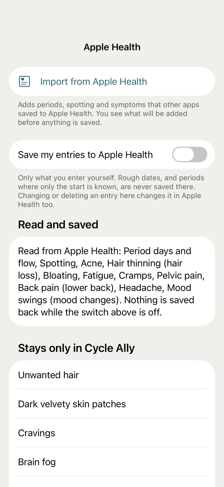 Apple Health settings: the switch that saves entries to Health, and the import button.