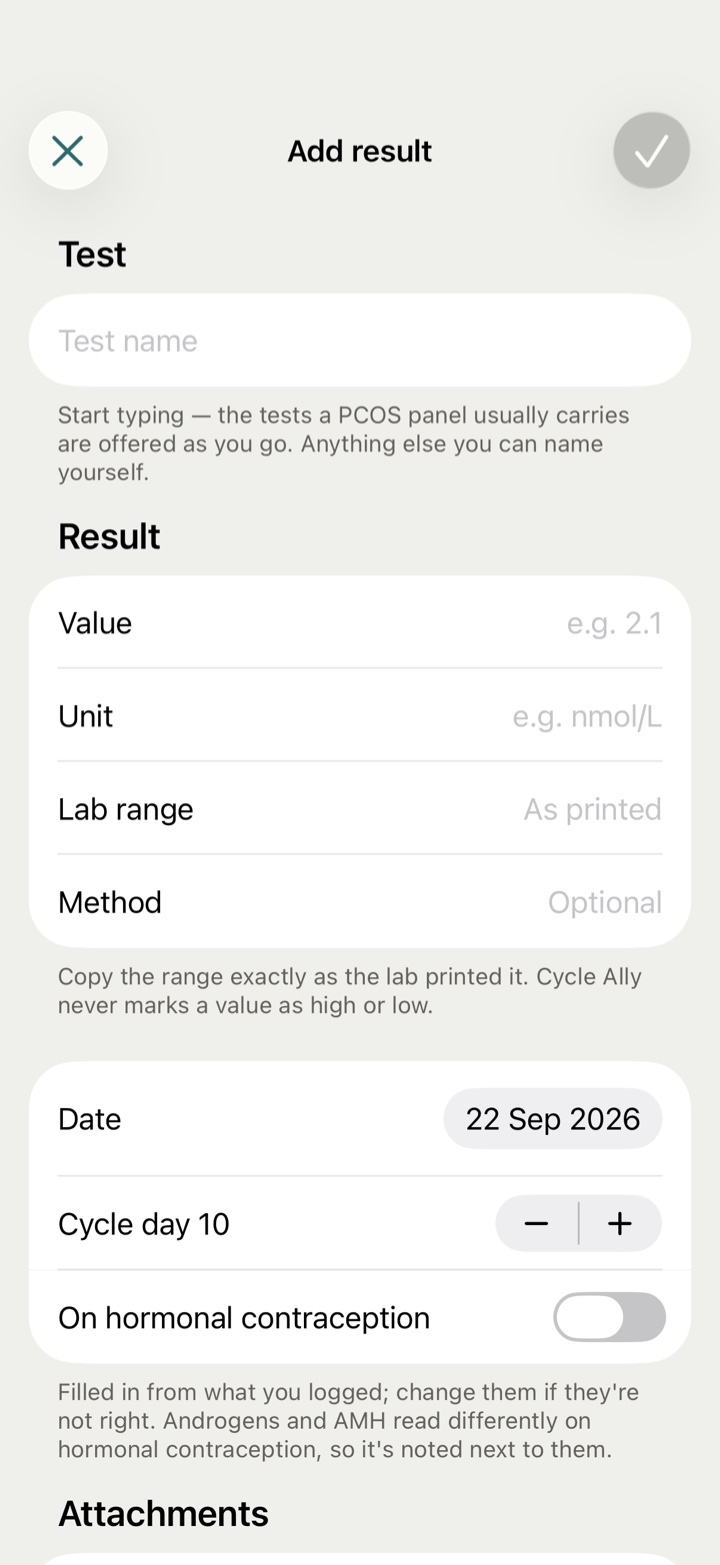 The lab form: test, value, unit, the laboratory's reference range, date, method.