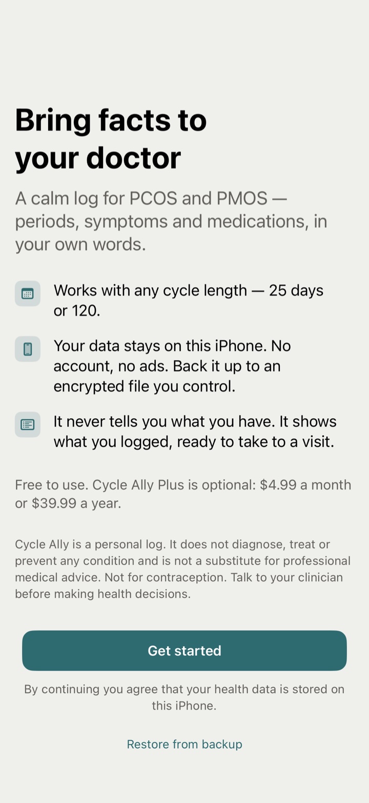 Onboarding: a short welcome screen with the promise to bring facts to your doctor.