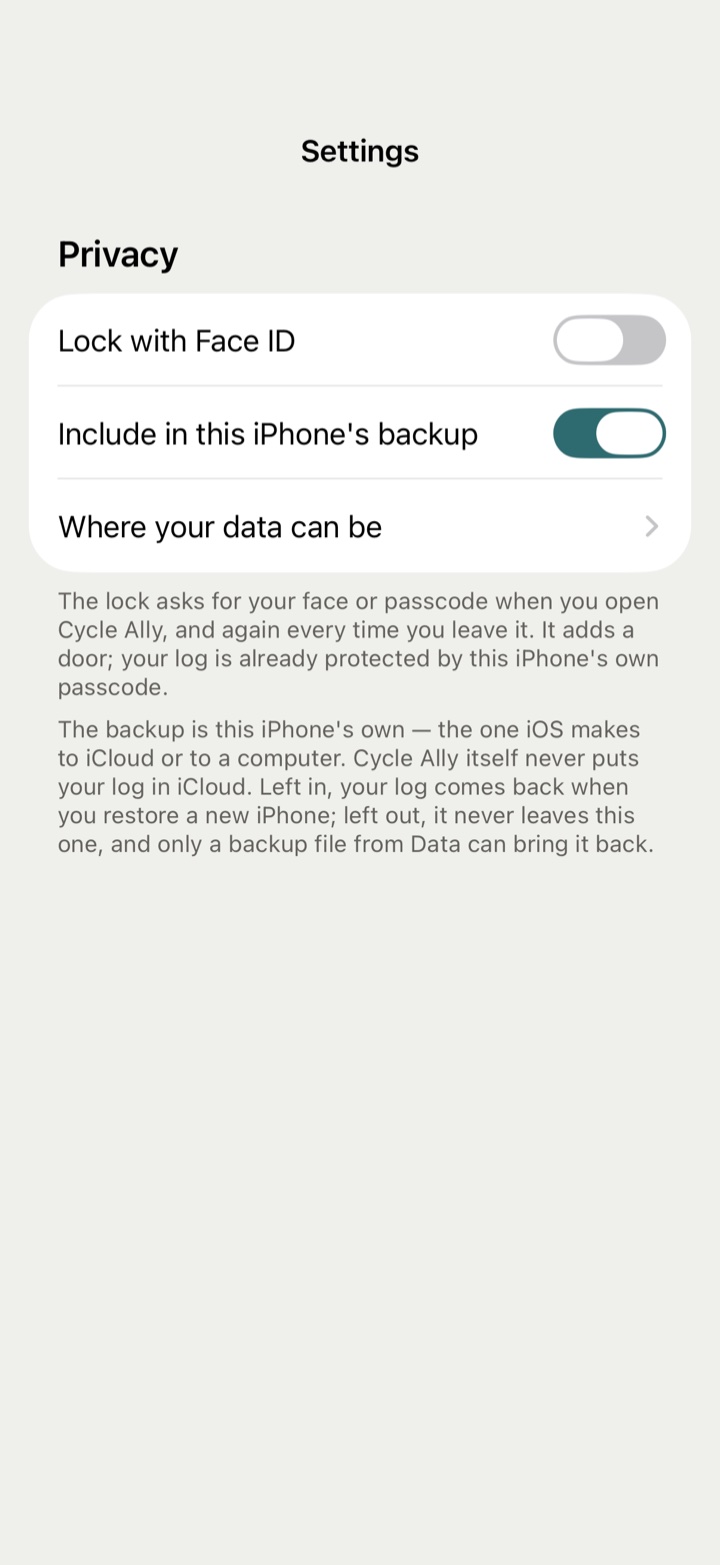 The Privacy section: lock with Face ID, the switch for this iPhone's backup, and where your data can be.
