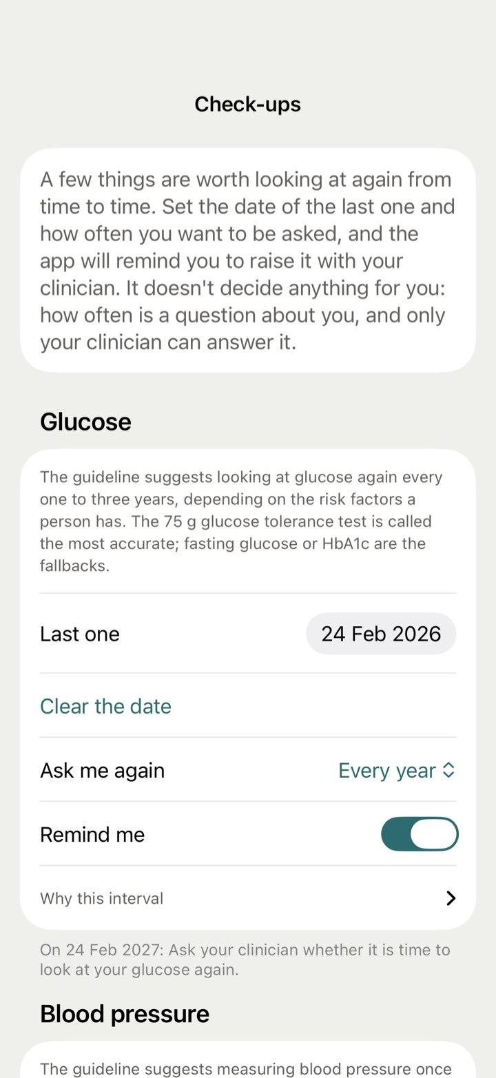 Check-ups: glucose with the date of the last one, how often to ask again, and the line saying when it will.